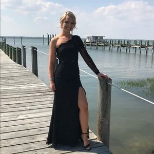 Morilee black; beaded floral lace prom dress